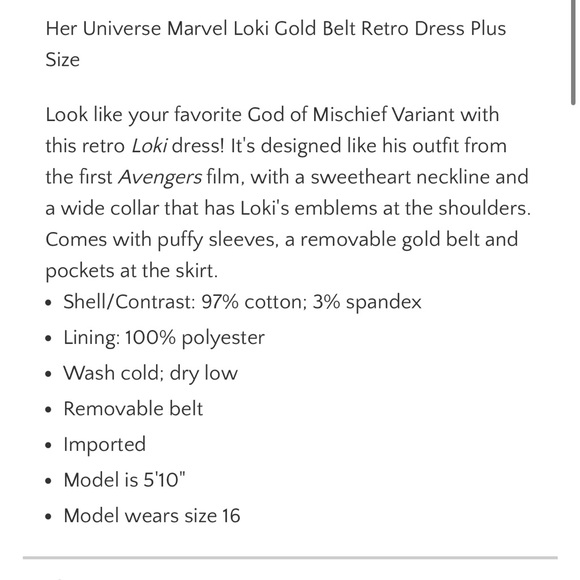 Her Universe 18 Marvel Loki Gold Belt Retro Dress Plus Size 2X NWT - Picture 4 of 7